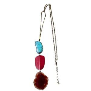 Boho Gemstone Necklace With Turquoise‎ Red & Agate Stones On Antique Brass Chain